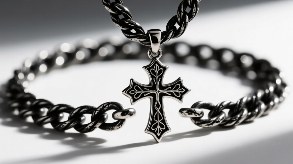 Close-up of a 10mm oxidized sterling silver rope chain with a gothic cross pendant, showing deep black patina in the crevices