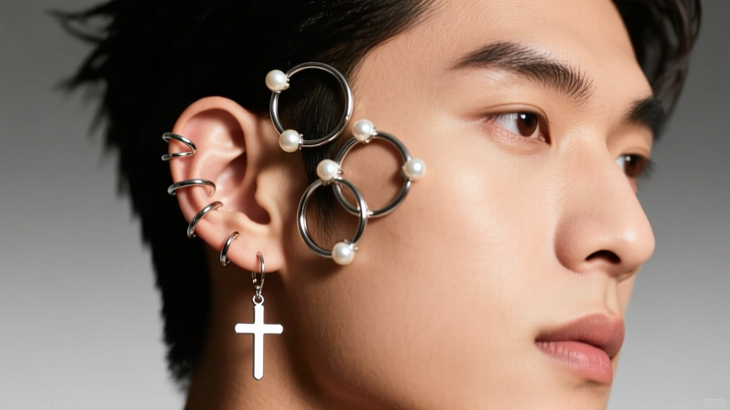 Male ear styled with a curated constellation of silver hoops, pearl studs, and a cross dangle earring under warm studio lighting