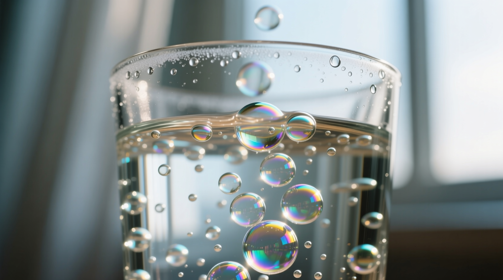 Close-up of sparkling water bubbles in a glass