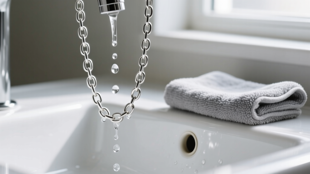 Clean sterling silver chain dripping water into a sink, beside a grey microfiber cloth illuminated by soft natural daylight.
