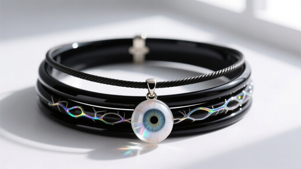 Layered stack showing a small resin eyeball choker and a 24-inch cable chain with a large glass eye pendant.