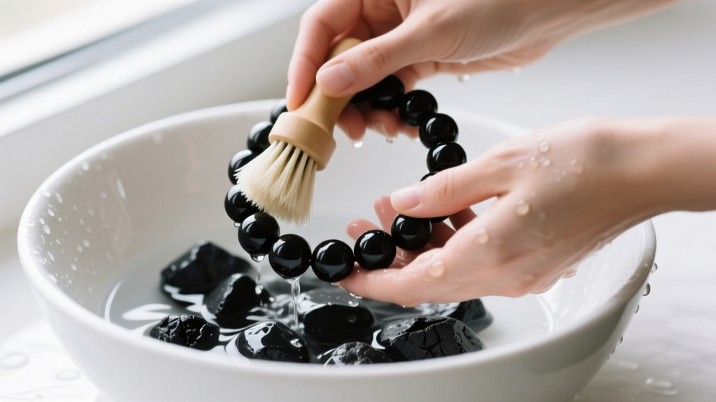 Hands washing a dark lava bead necklace in a white ceramic bowl with soapy water and a soft brush to remove essential oil residue.
