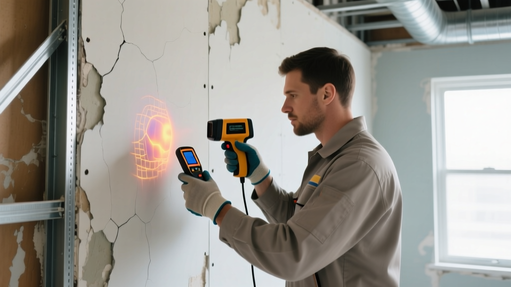 Contractor using a moisture meter and thermal camera to inspect old gypsum board walls during a commercial renovation project
