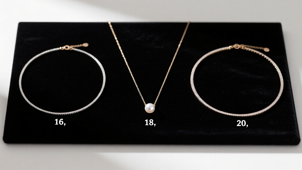Flat lay of three necklaces on dark velvet, measuring 16, 18, and 20 inches, featuring a small pearl pendant on the middle chain.