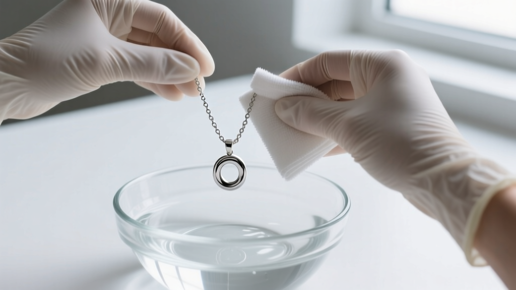 Hands in nitrile gloves gently wiping a silver e-coated pendant chain with a damp microfiber cloth over a clear glass cleaning bowl.