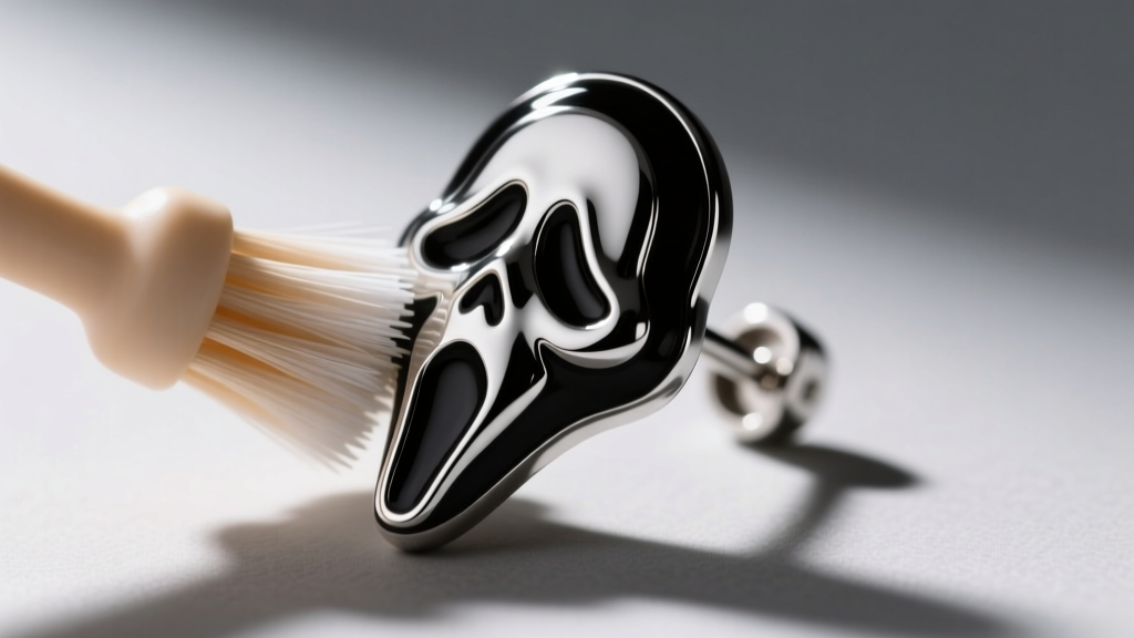 Macro shot of a black and silver enamel Ghostface earring showing mask crevices being gently cleaned with a soft baby toothbrush.