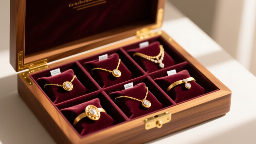 Gold vermeil jewelry stored individually in soft velvet pouches alongside anti-tarnish strips inside an open wooden jewelry box