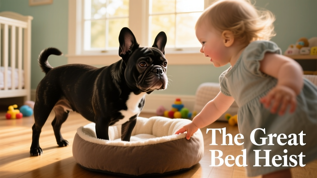 French Bulldog's Annoyed Reaction to Toddler Stealing His Bed Is Too Perfect