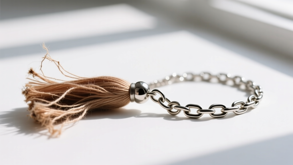 Macro view of frayed silk thread and pristine steel chain tassels, showing common jewelry wear and tear on a clean white surface.