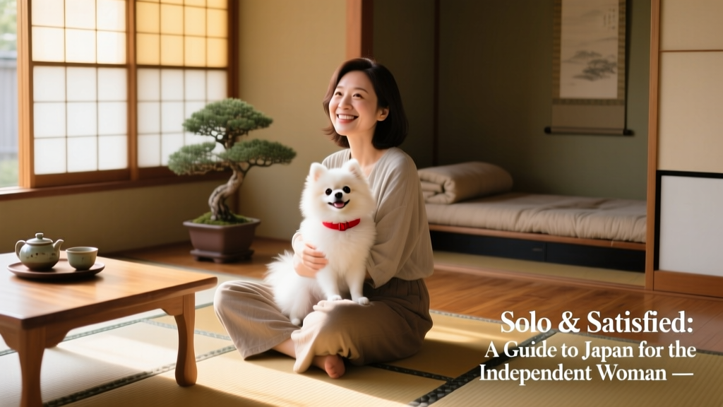 A solo female traveler smiling warmly while holding a small dog in a sunlit Japanese living room