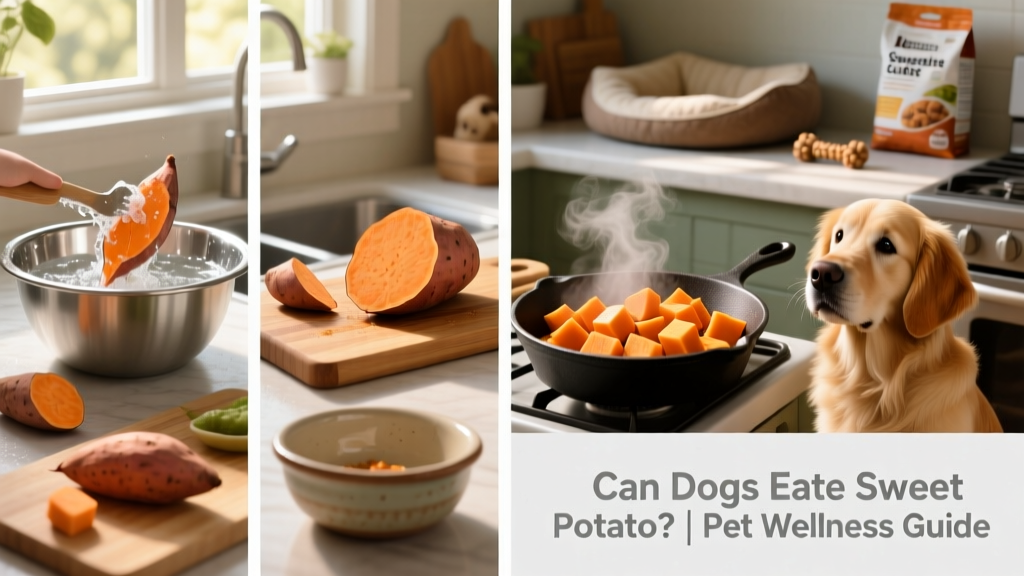 Step-by-step visual: washing, peeling, cubing, and cooking sweet potatoes for dogs