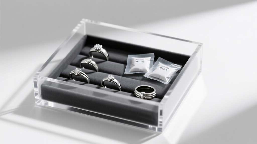 Clear acrylic box holding S925 silver rings resting on anti-tarnish charcoal fabric, next to small silica gel desiccant packets.