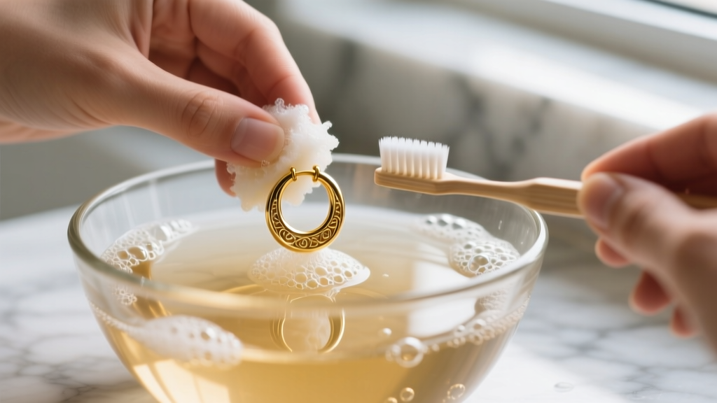Hands gently scrubbing a 25mm gold hoop earring with a soft toothbrush in a glass bowl of warm soapy water, macro photography