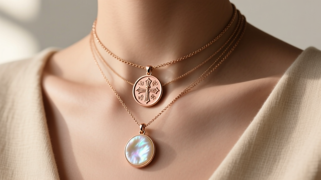 Layered necklaces featuring a 12mm rose gold St. Benedict medal paired with a mother-of-pearl gemstone pendant on a collarbone.