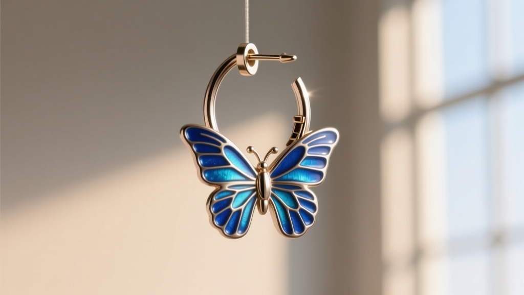 Macro shot of an 18 gauge titanium butterfly hoop earring with blue vitreous enamel wings, highlighting the hinged clasp mechanism