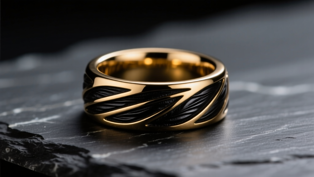 Macro shot of an 18k solid blackened gold signet ring with deep oxidized grooves on a dark slate surface under moody lighting