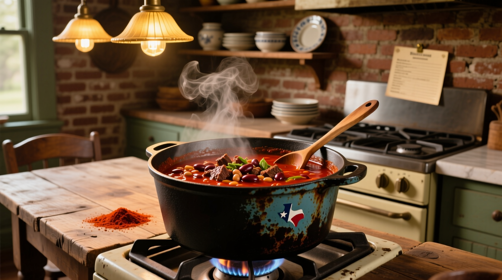 Traditional Texas chili in cast iron pot