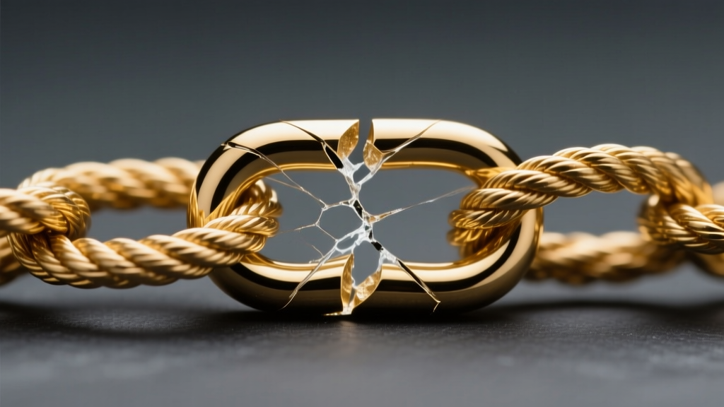 Macro shot of a broken 14k gold rope chain link showing the exact stress fracture point, illuminated against a dark slate background.