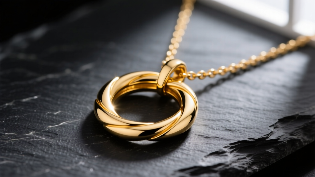 Macro shot of a 14k yellow gold 2 circle necklace pendant on dark slate, highlighting the interlocking seam and laser solder joint
