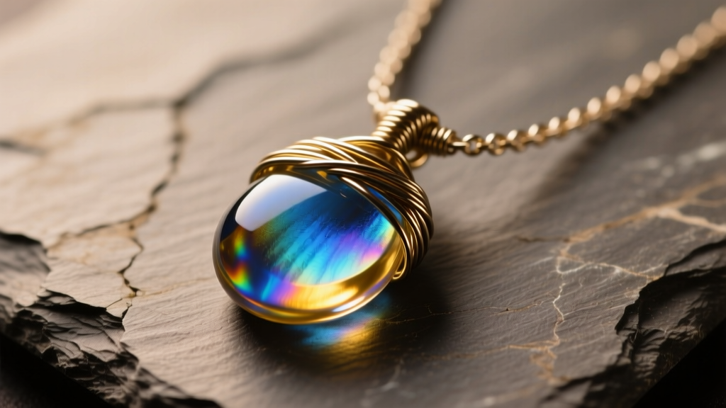 Macro shot of a wire-wrapped dichroic glass necklace pendant on slate, showing iridescent blue and gold hues under soft lighting.