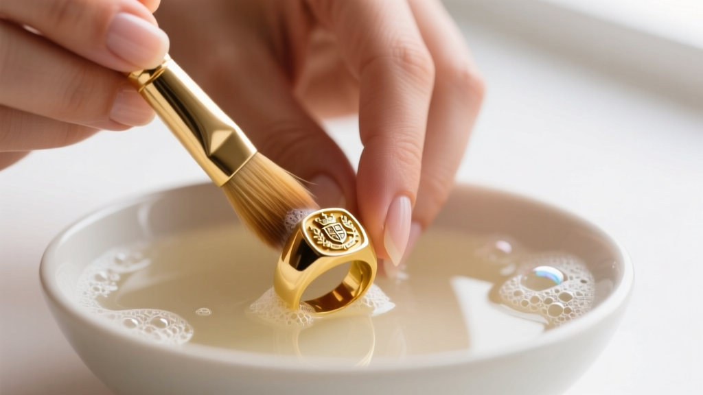 Close-up of hands using a soft-bristled brush to gently scrub a 14k yellow gold signet ring in a bowl of warm soapy water