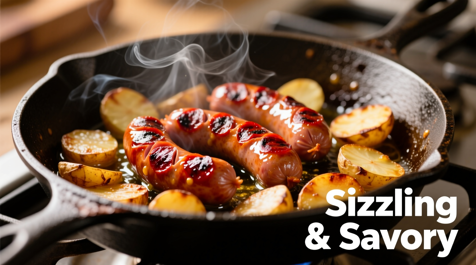 Chorizo and potatoes sizzling in cast iron skillet