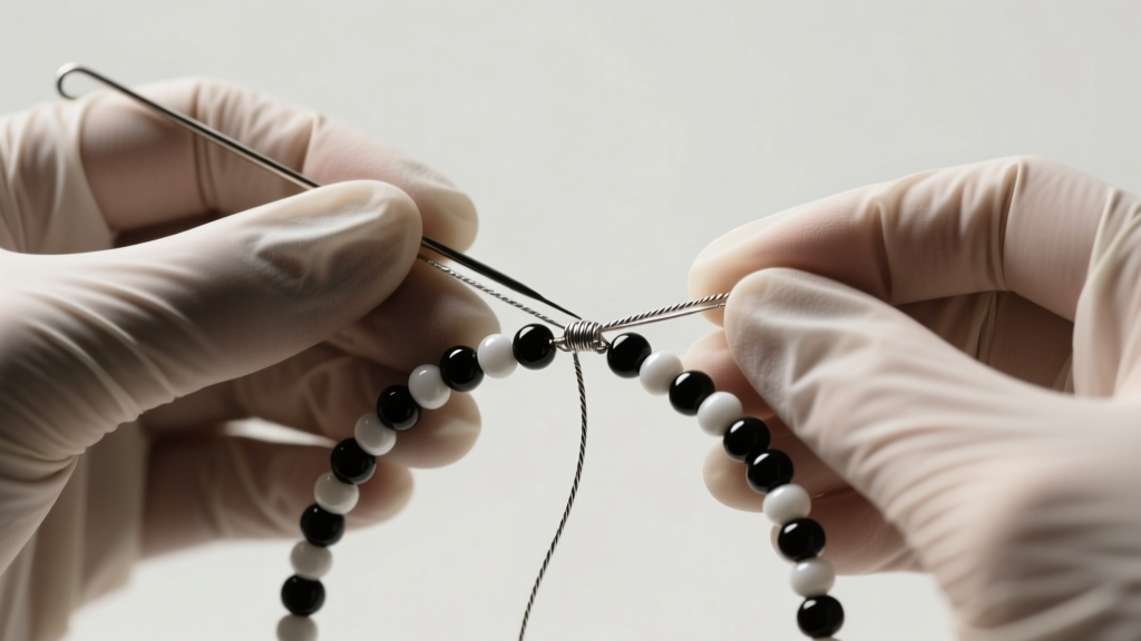 Hands in nitrile gloves restringing a black white bead necklace using a fine beading needle and 49-strand steel micro-wire.