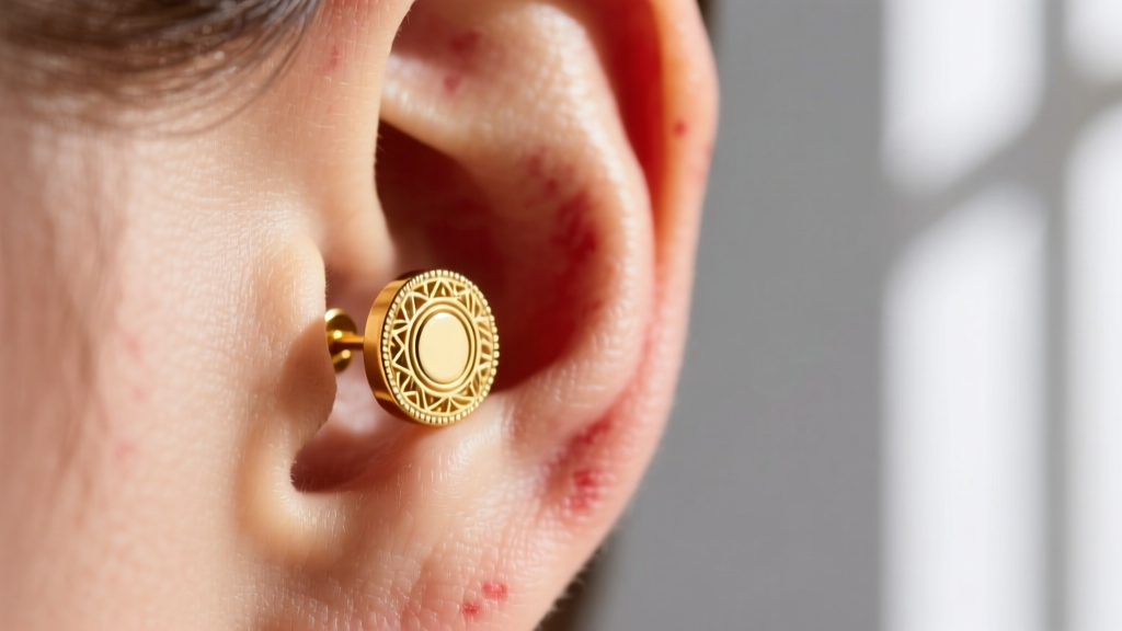 Close-up of a 14k yellow gold earring stud on a slightly reddened earlobe, highlighting metal contact under soft natural daylight