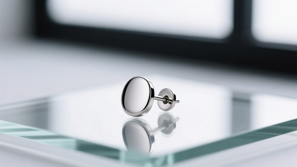 Macro shot of polished titanium flat-back earring on glass, soft studio lighting highlighting the mirror finish and smooth post.