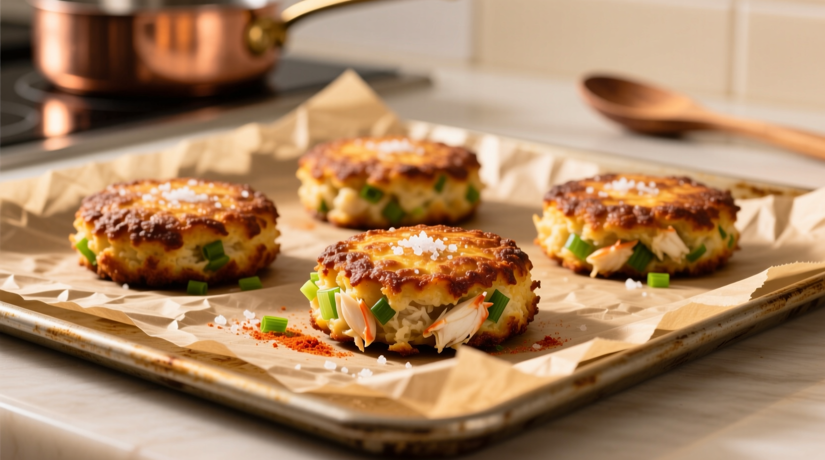 Golden brown crab cakes on parchment paper baking sheet