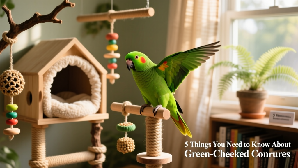 A well-designed green-cheeked conure habitat featuring an open-fronted sleep box, varied perches, and interactive toys