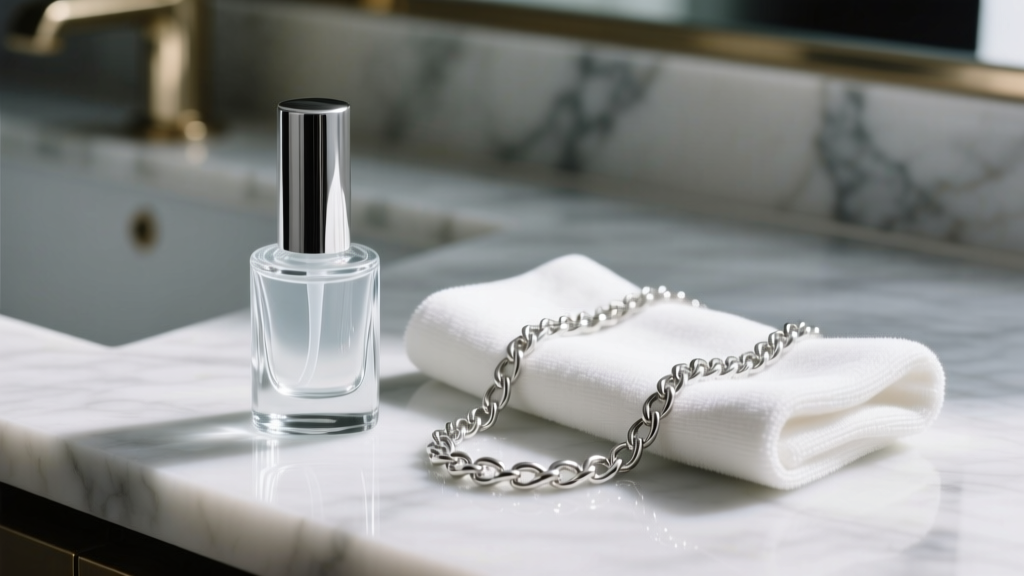 Glass bottle of jeweler protective lacquer and microfiber cloth next to a polished sterling silver chain on a marble vanity.