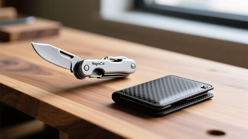 Close-up of a titanium multi-tool deploying a MagnaCut steel blade next to a minimalist carbon fiber smart wallet on a wooden workbench.