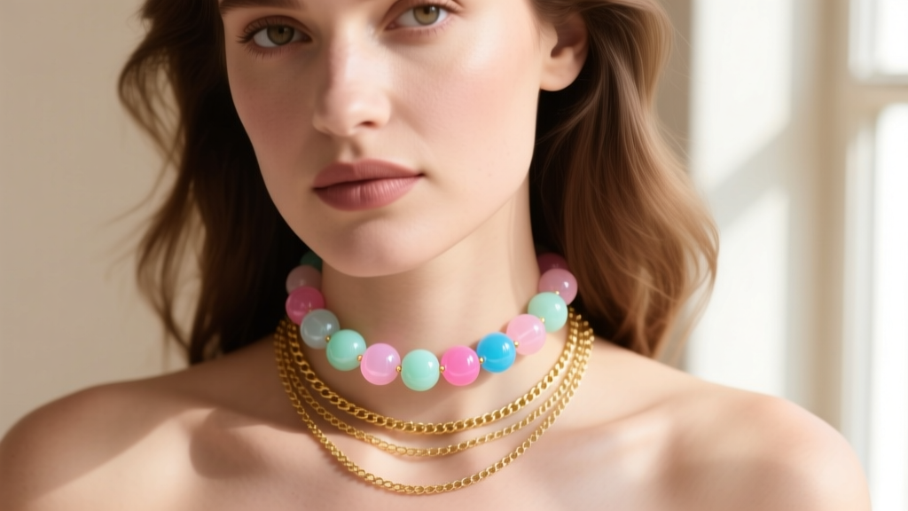 Close-up of a woman wearing a layered necklace stack with a delicate 14k gold chain and a vibrant pastel resin candy bead choker
