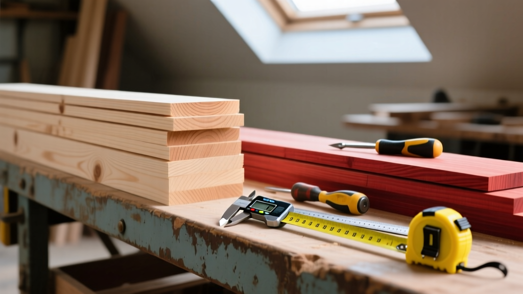 Pale hard maple lumber stacked beside softer red maple boards on a workshop bench next to digital calipers and a yellow measuring tape