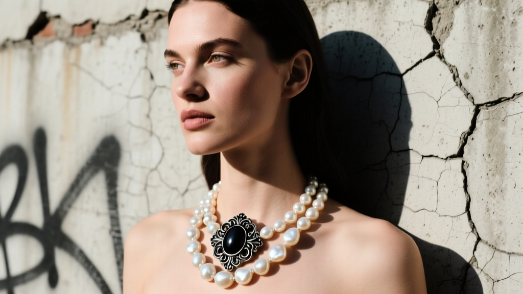 Model wearing a baroque freshwater pearl necklace with a heavy blackened silver clasp against an urban concrete wall.