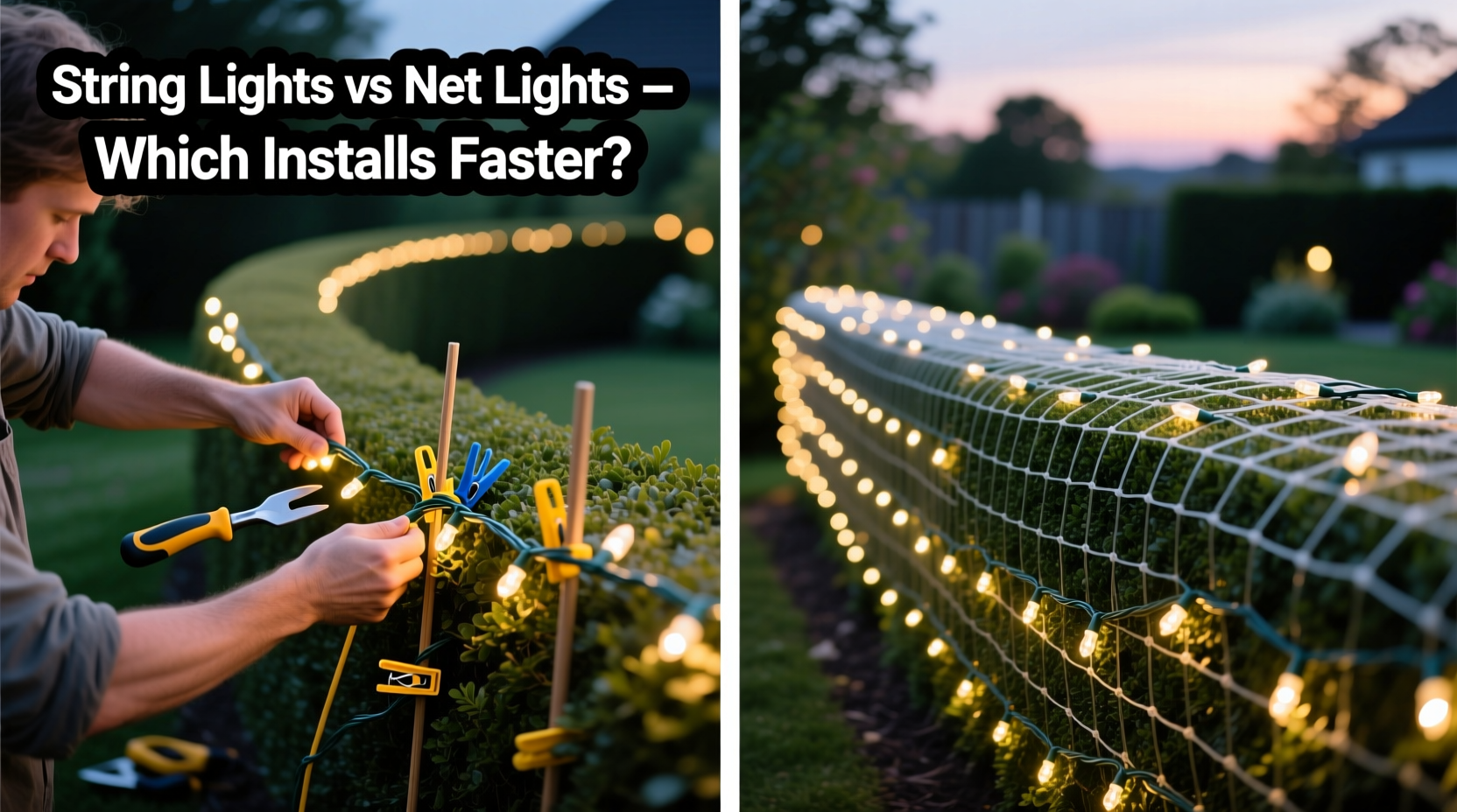 string lights vs net lights for covering hedges which installs faster