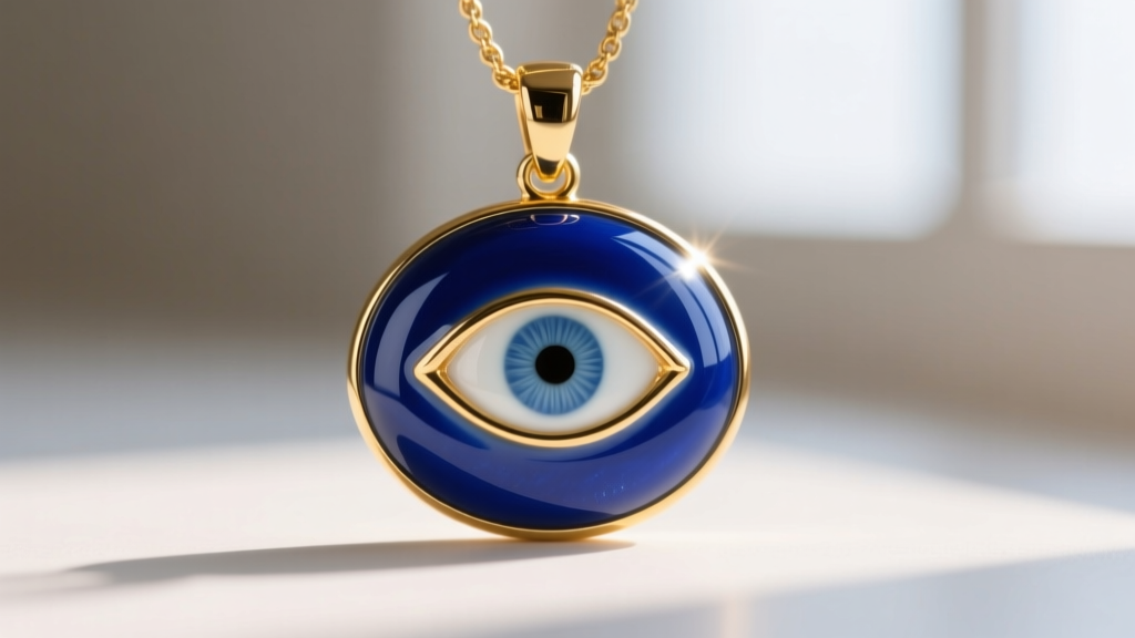 Macro photography of a vitreous enamel evil eye pendant showing the smooth, glossy blue finish and crisp gold metal borders.
