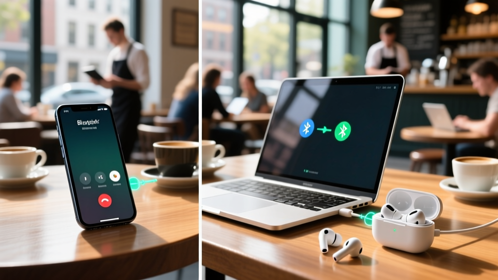 A split-screen testing environment showing a smartphone, laptop, and wireless earbuds connected via multipoint Bluetooth in a crowded cafe.