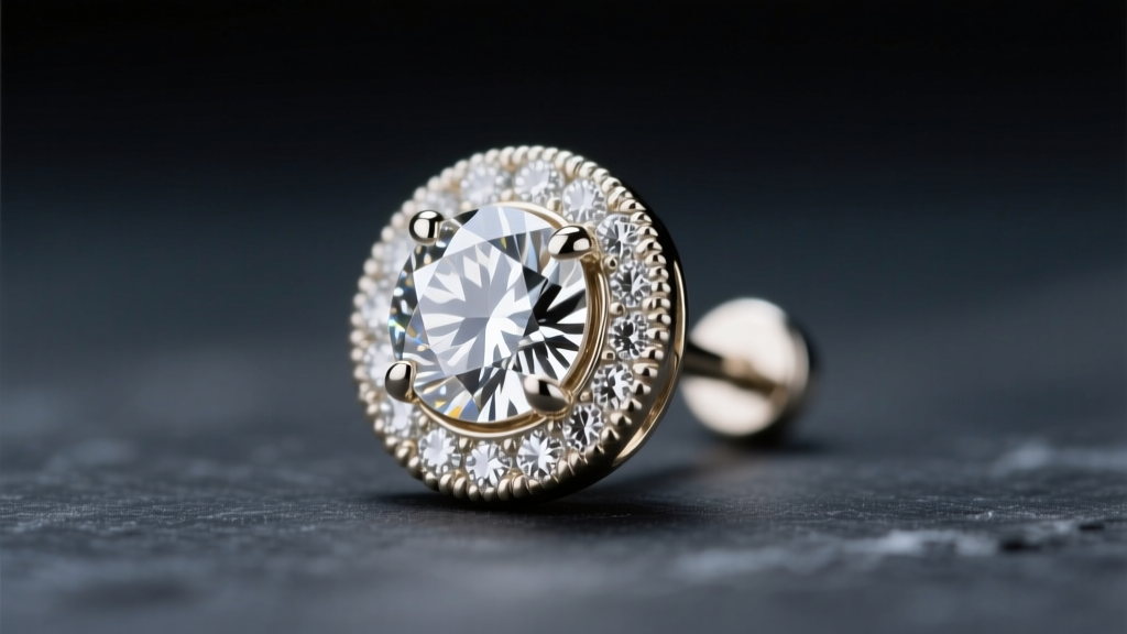 Macro shot of a 14k white gold bezel-set diamond stud earring highlighting milgrain detailing against dark slate