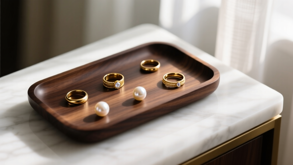 Top-down view of dark walnut wooden jewelry tray holding gold rings and pearls on a marble vanity in soft morning light.