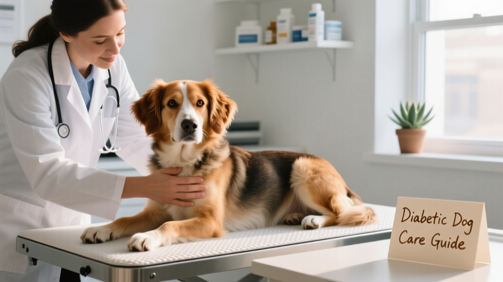 A veterinarian gently examining a calm, medium-sized dog during a routine checkup