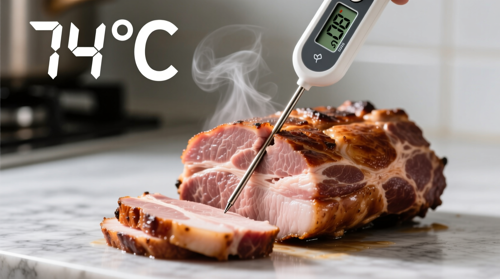 Digital thermometer measuring pork loin temperature