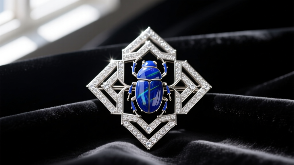 Close-up of an Art Deco platinum brooch with a carved Afghan lapis lazuli scarab and diamond baguettes, resting on dark velvet.