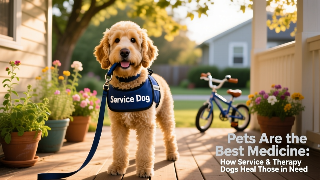 Lexi the goldendoodle service dog holds leash in her mouth wearing vest