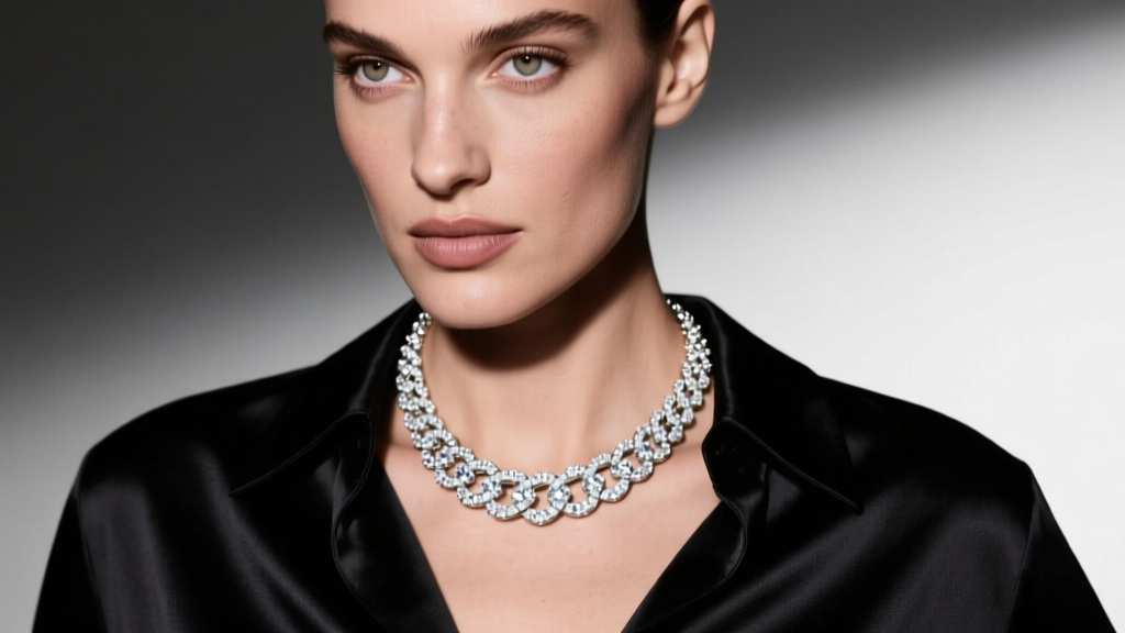Close-up of a model wearing a chunky diamond tennis necklace in 18k white gold, resting on a black silk blouse, studio lighting.