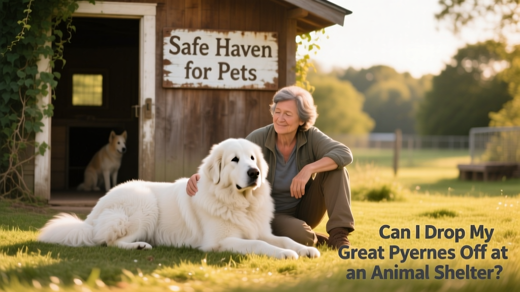 A calm, well-groomed Great Pyrenees sitting beside a person on a grassy patch near a shelter entrance