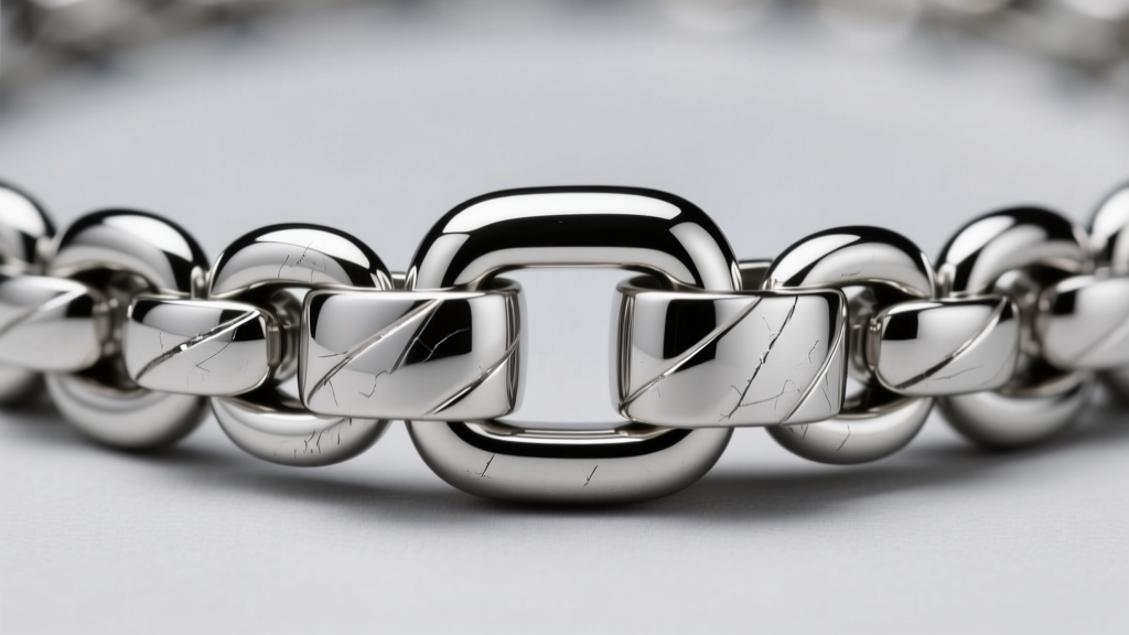 Macro photo of a thick platinum 950 Cuban link chain clasp, highlighting precise laser welding and a high-polish metal finish