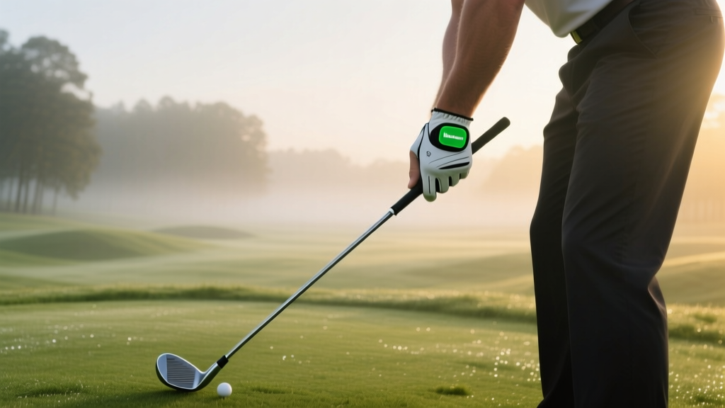 Golfer lead wrist wearing a green HackMotion sensor while gripping a driver at address on a misty morning tee box.