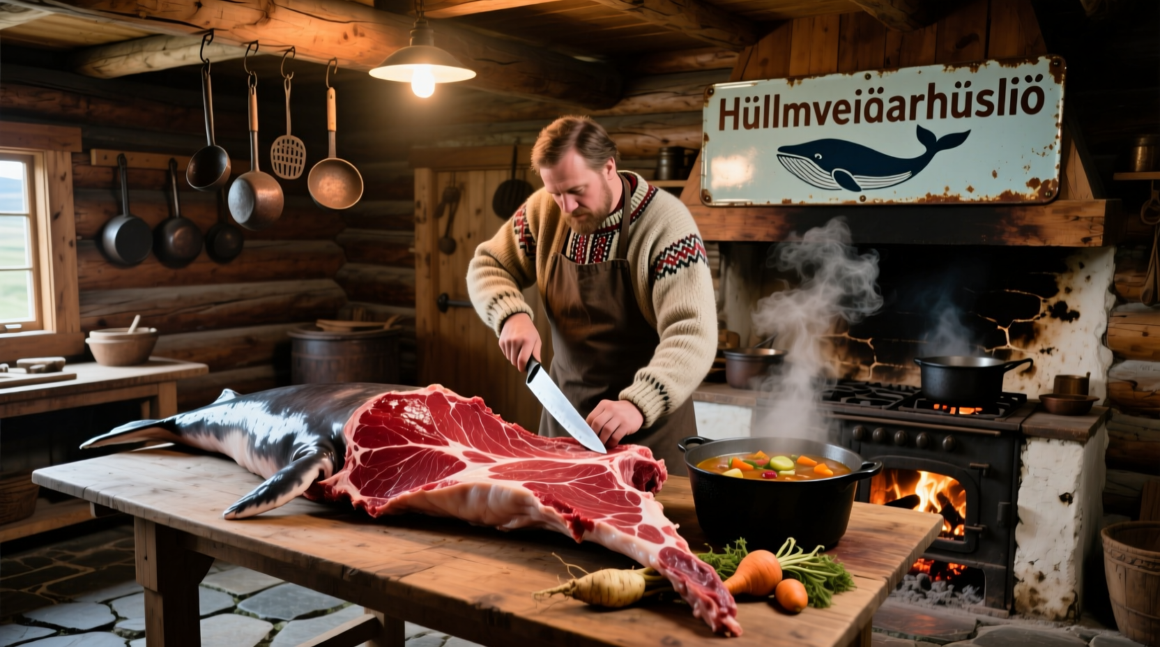 Whale meat preparation in traditional Icelandic kitchen